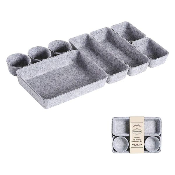 Desk Drawer Organizer Trays, Foldable Felt Drawer Organizers Set, Versatile Cosmetic Makeup Drawer Dividers, Washable Storage Bins Trays for Office Dresser LightGray