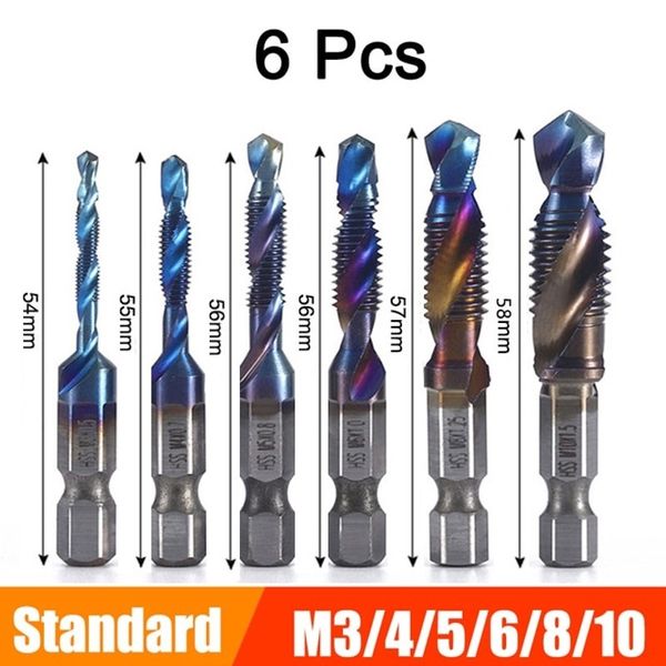 Hand Tap Machine Tap Spiral Tap 6pcs M3-M10 Hex Shank Titanium Plated Hss Thread Screw Metric Tap Drill Bit Screw Machine Composite Screw Hand Tool, Gold Standard