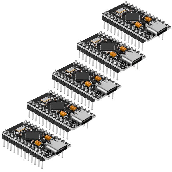 YELUFT 5pcs Pre-Soldered Pro Micro ATmega32U4 5V 16MHz Development Board Microcontroller USB C Interface Compatible with Arduino IDE