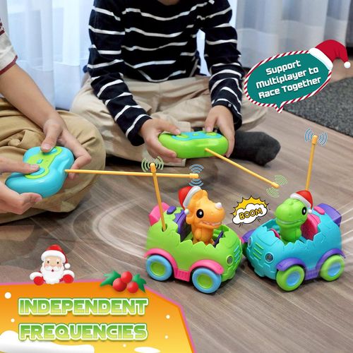 Nueplay Remote Control Car for Toddler Age 2 3 4 5, Electric RC Car Toys with Light & Music, Toddler Dinosaur Toys, Dino Figures Truck Race Car Vehicles, Birthday Gift for Boys & Girls, 2 Pack Playset