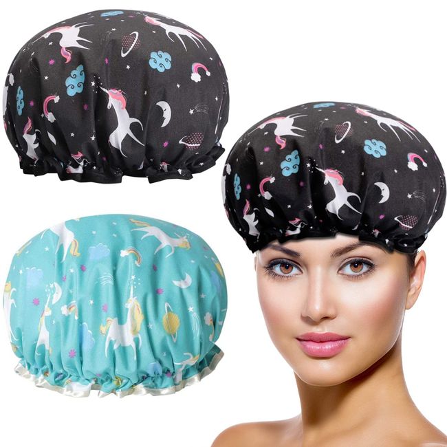 Shower Cap, Pack of 2 Women's Reusable Shower Caps, Waterproof Shower Cap, Elastic Bath Cap, for Salon, Spa, Travel, Hotel, Shower