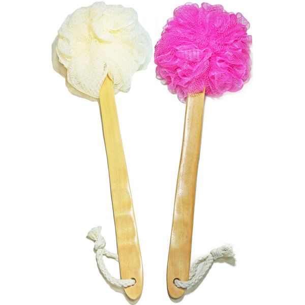 Shower Loofah Body & Back Scrubber - Exfoliating Loofah Bath Brush On a Stick - With Long Wooden Handle Back Brush For Men & Women - Easy Reach Body Wash & Lotion Applicator（ 2 PACK- White&Red）