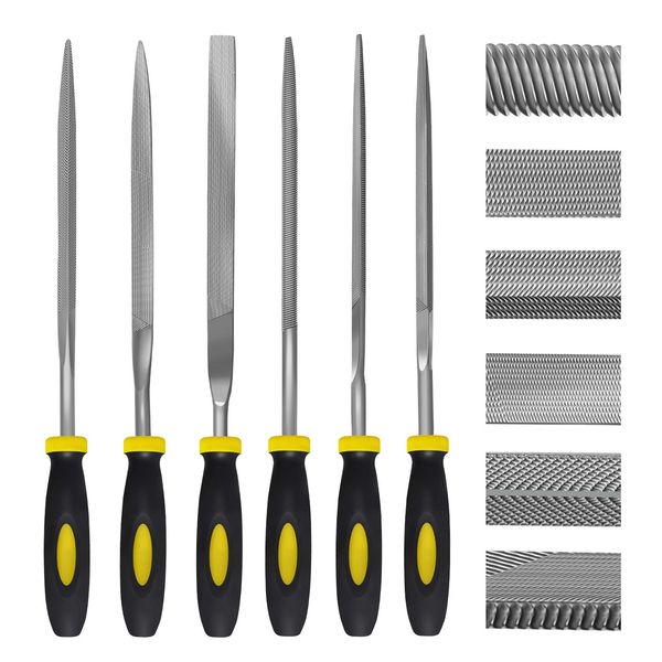 kapoua 6-Piece Metal Needle File Set - Hardened Alloy Steel Includes Flat, Warding, Square, Triangular, Round, and Half-Round Files