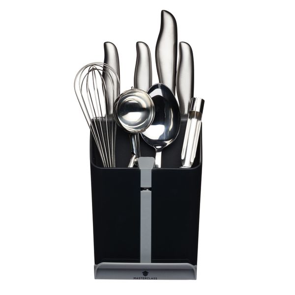 MasterClass Smart Space All-in-1 Knife Block and Utensil Holder with Ceramic Knife Sharpener, 15.5 x 14.5 x 20.5 cm (6" x 5.5" x 8") - Black / Grey