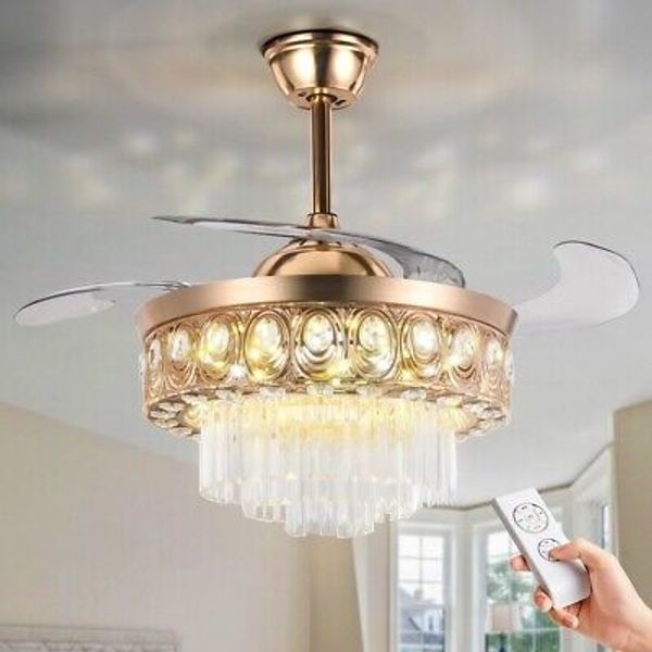 42" Crystal Ceiling Fan Luxury Gold Chandelier LED Light 3 Color Remote 3-Speeds