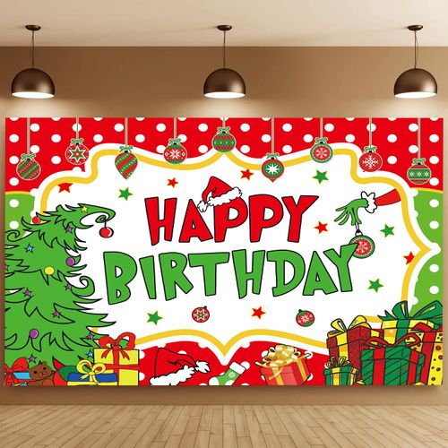 Merry Grinchmas Decoration Banner Happy Birthday Backdrop Christmas Birthday Party Photography Decorations for Kid Birthday Party Banner Grinchmas Party Decoration Supplies 5x3ft