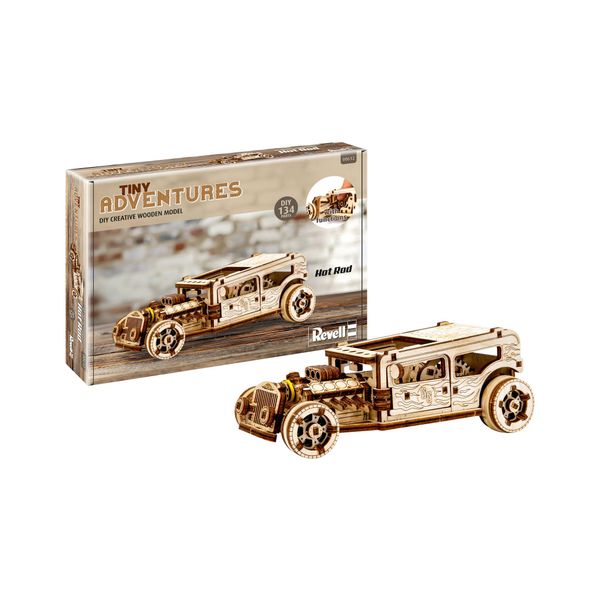 Revell 00612 - Tiny Adventures - Hot Rod - 1:32 Scale Wooden Model Kit - with Pull Back & Go Engine - Length 17cm