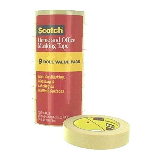 Scotch Masking Tape, 1" x 55yds, 3" Core, Tan, 9 Pack