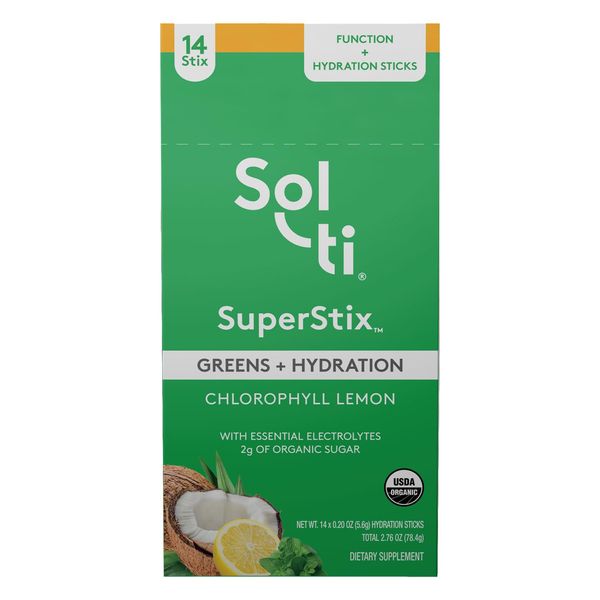 Sol-ti Organic Electrolyte Greens + Hydration Drink Mix, Superfood Hydration Sticks, SuperStix, Non-GMO, Vegan, Chlorophyl Lemon, 14 Sticks