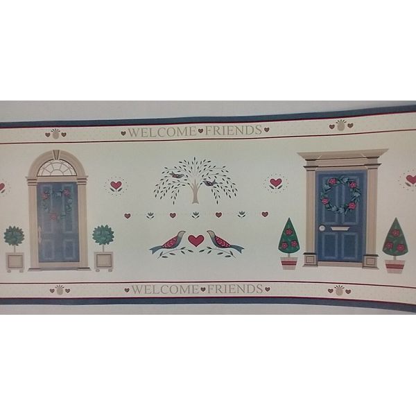 Imperial Prepasted Wallpaper Border Welcome Friends Blue 5 yards 4 Available