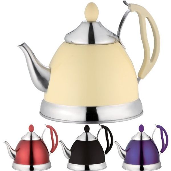 TEAPOT STAINLESS STEEL 1.5LTR 3 PINT VINTAGE CAMPING KITCHEN TEA POTS (CREAM)