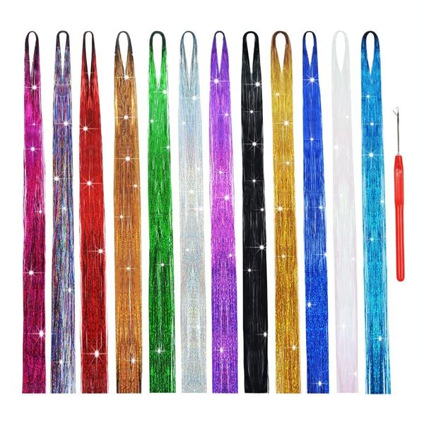 Hair Tinsel Strands Kit with Tool 47 Inch 2400 Strands Colorful Sparkling Shiny Hair Tinsel Extensions (12 Colors）