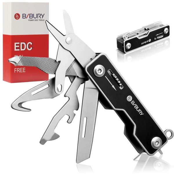 BIBURY EDC Multitool, 10 in 1 Pocket Size EDC Key Ring Multi Tool, Swiss Army Type Multitools with Rope Cutter, Screwdriver, SIM Card Pin, Safety Lock Design - Black