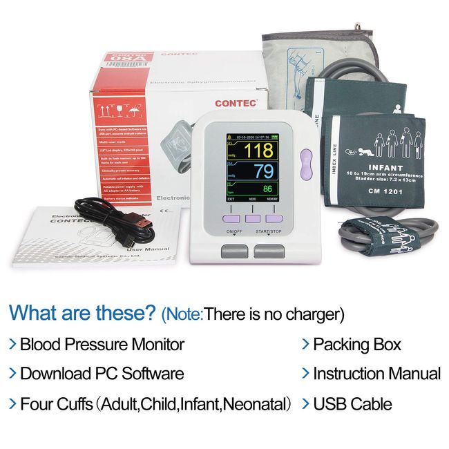 CONTEC08A Fully Automatic Digital Upper Arm Blood Pressure Monitor  Adult,Child,Pediatric,Neonotal Cuffs (4 Cuffs)