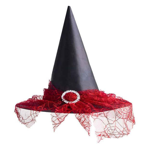 LKQBBSZ Halloween Witch Hat for Women Lace Veils Hanging Witch Hats for Halloween Cosplay Costume Accessories Party Supplies (Red)