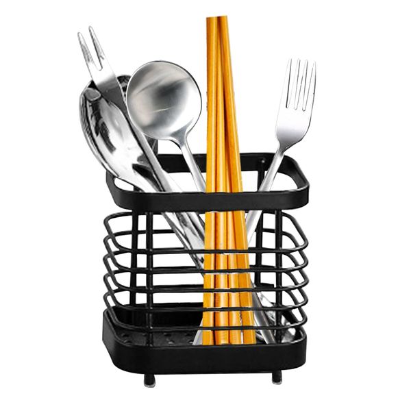 Jetisva Stainless Steel Cutlery Holder Rust Proof Cutlery Drainer Black Utensil Holder Metal Sink Tidy Caddy Kitchen Sink Organizer Utensil Rack for Table Spoons Dish Spatula Chopsticks Sponge