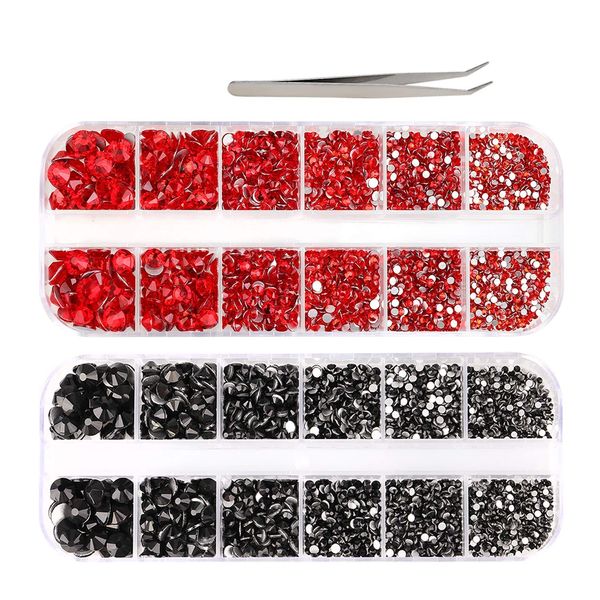 3000 PCS Rhinestones for Craft, PHOGARY Red & Black Flat Back Rhinestones 6 Sizes (2-5 mm) with Pick Up Tweezer for Crafts Nail Face Art Clothes Shoes Bags Phone Case DIY