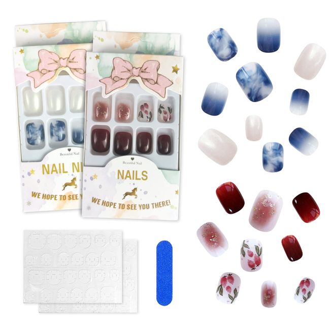 Andiker Press-On Nails, 2 Styles Reusable Fake Nails Square and Short Nails with Prep Mini File and 2 Sheets of Jelly Glue, DIY Press-On Manicure for Girls and Ladies (moonlight+ red plum)