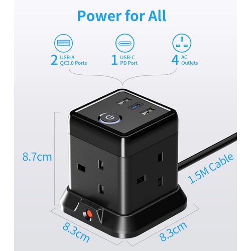 Hulker Cube Extension Lead with USB Ports (20W PD USB C), 4 Way Multi Plug Socket with 3 USB Slots, Mountable Power Strip with Switch Overload Protection 3250W 13A Cord 1.5M