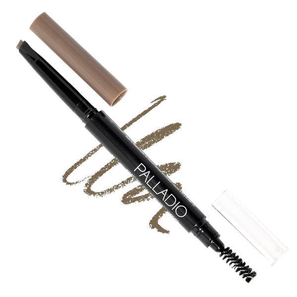 Palladio Brow Definer Retractable Pencil, Triangular Tip Fills Brows for a Natural Look, Tame and Shape Eyebrows with Spoolie Brush, Eyebrow Shaper, Buildable Light to Dark Colors, (Taupe)