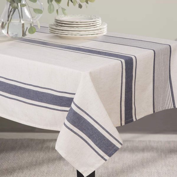 ColorBird French Stripe Tablecloth Cotton Linen Fabric Dust-Proof Farmhouse Table Cover for Kitchen Dining Party Brunches (Rectangle/Oblong, 55 x 70 Inch, Navy)