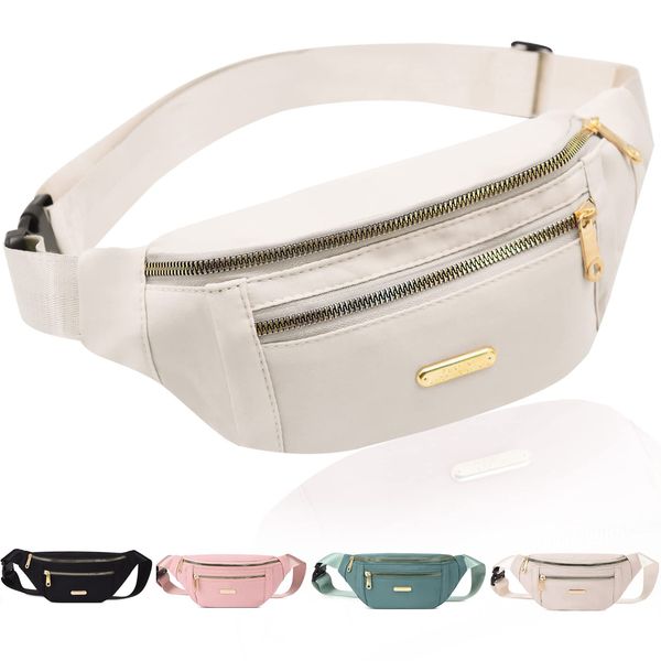 Fanny Pack Fashionable Waist Bag Casual Travel Bum Bag with 3 Zipper Pockets for Women Men Sports Running Hiking Jogging (Beige)