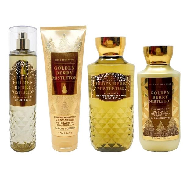 4 Golden Berry Mistletoe Deluxe Gift Set Fine Fragrance Mist, Body Cream, Body Wash and Body Lotion Full size