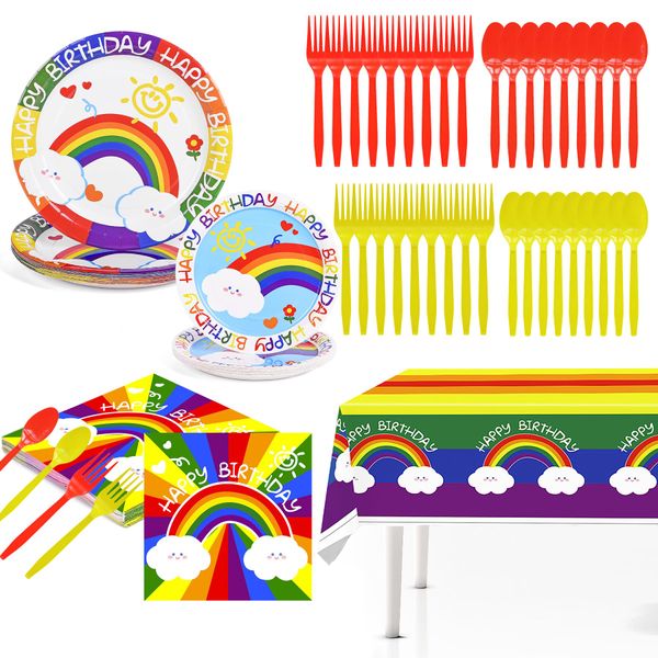 Rainbow Party Supplies, Happy Birthday Decorations for Girls & Boys -101pcs Rainbow Party Tableware Set Include 9" and 7" Party Plates and Napkins Utensils with Tablecloth for 20 Guests