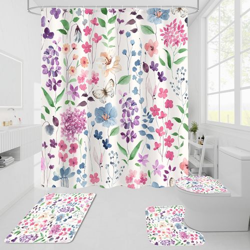 Litabel 4 Pcs Watercolor Floral Shower Curtain Sets, Colorful Shower Curtains with Flower Plant Leaves and Rugs for Spring Summer Bathroom Decor, Botanical Modern Farmhouse Rustic Bathroom Set