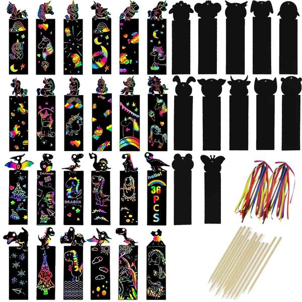 Scratch Paper Art Set for Kids 36PCS Scratch Paper Bookmarks Magic Scratch Bookmarks for Crafts Gift Christmas Supplies Rainbow Scratch Diy Craft Kit for Birthday Party Classroom Scratch Art Bookmarks