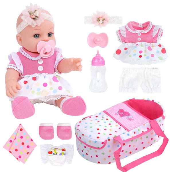 DONTNO 12 Inch Baby Doll with Bassinet Bed,Reborn Alive Doll Includes Clothes and Accessories,Bottles,Nipple,Diaper,Burp Cloth,First Baby Dolls for Toddlers 36 Months and Up