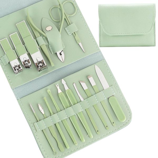 Manicure Set Professional Nail Clippers Kit Stainless Steel Pedicure Tools Set 16 in 1 Nail Care Kit Nail Care Tools Grooming Kit for Men Women with Storage Travel Case, Green