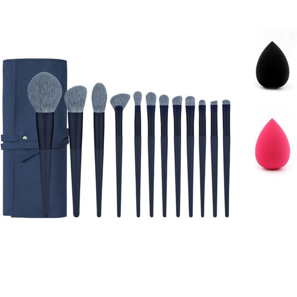 Make-up Pinsel mit weichem synthetischen Faser Holz Halter für Blush, Foundation, Pulver, Mischung, Lidschatten (Ash Blue Makeup Brush Set 12pcs with Bag+2pcs Sponge Puffs)