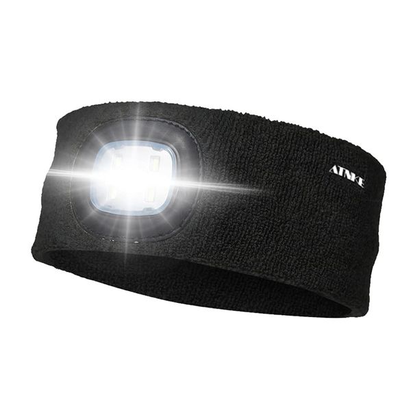 ATNKE LED Lighted Headband, USB Rechargeable Running Hat Ultra Bright 4 LED Waterproof Light Lamp Headlamp High Stretch Moisture Wicking Multi-Color/Black