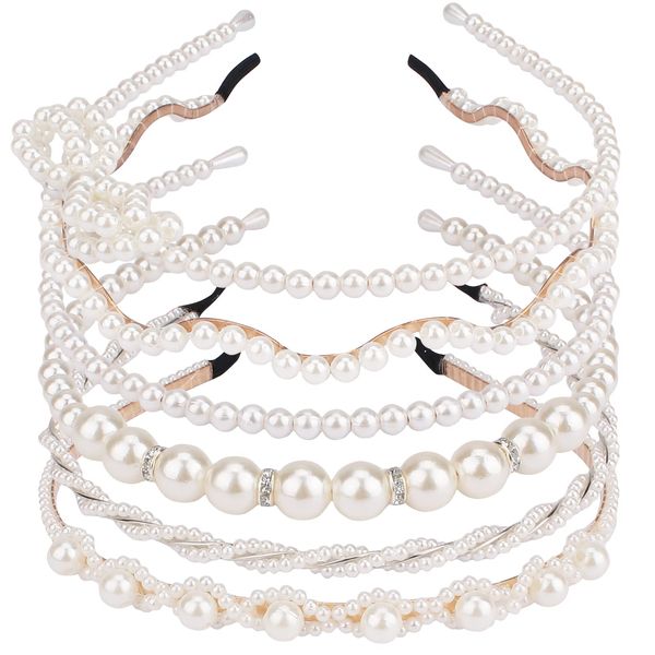 AMCAMI 6 PCS Pearl Headband White Headband Rhinestones Hairbands Sparkly Beaded Headband Hair Hoop Wedding Headband Pearl Hair Accessories for Women Girls diademas para mujer de moda