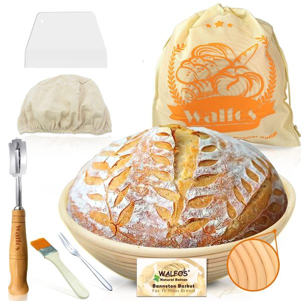 Banneton sourdough Basket Set - Walfos Round Bread Basket, 100% Natural Rattan - 25cm Bread Proofing Basket, Bread Lame, Dough Scraper, Cloth Liner, Storage Bag, Cleaning Brush & Bread Fork