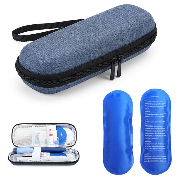 JKYVAA Insulin Pen Case Portable Insulin Cooler Travel Case with 2 Ice Pack Hard Epipen Carry Case Small Diabetic Cool Bag Pouch Insulated Medical Bag Blue for Epi Pen Needles Insulin Syringes