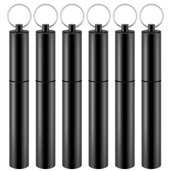 Bokon 6 Pcs Portable Toothpick Holder Airtight Aluminum Metal Tube Joint Tube Storage Tube Waterproof Pocket Purse Tube Container Holder with Keychain for Travel Picnic(Black, Black)