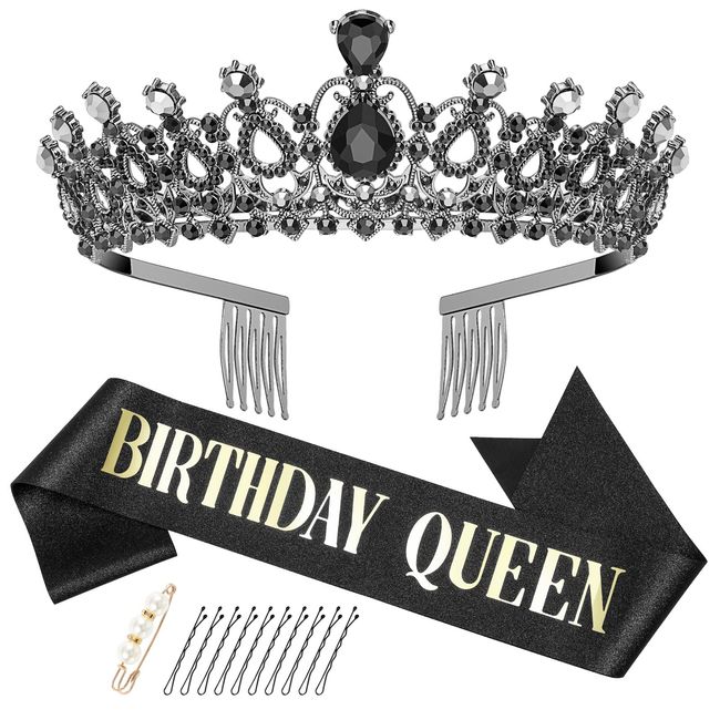 Makone Black Birthday Tiara for Women, Birthday Queen Sash & Rhinestone Tiara Set with Combs, Crystal Hair Accessories Glitter Sash for Women Girls Bridal Wedding Prom Birthday