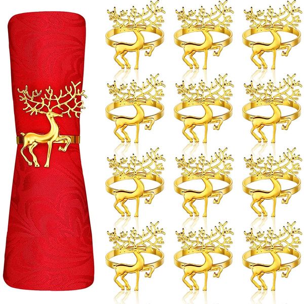 LATERN 12Pcs Christmas Reindeer Napkin Rings, 6CM Gold Elk Napkin Holders Deer Napkin Buckle for Christmas Lunch Thanksgiving Party Holiday Wedding Table Decoration