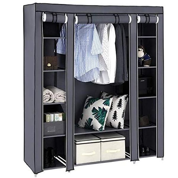 Portable Folding Clothes Closet Wardrobe Storage Organizer with Non-Woven Fabric Dust Resistant 150 x 45 x 175 cm (Gray)