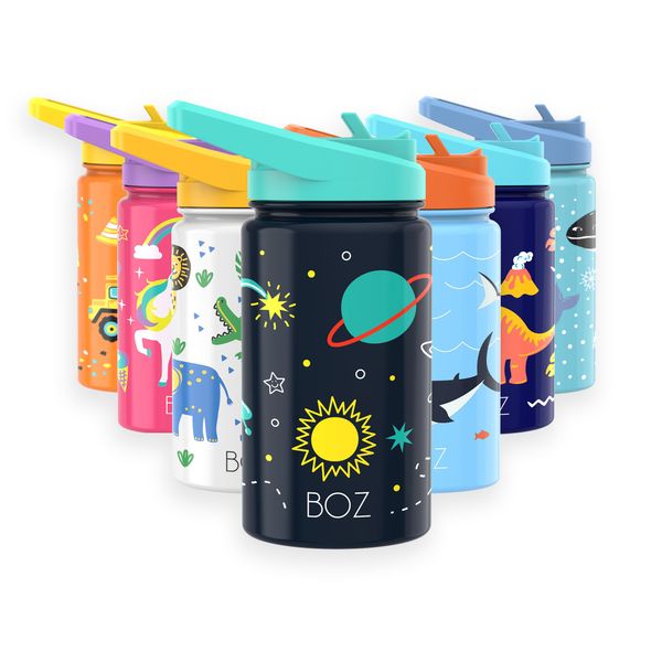 BOZ Kids Water Bottle for School with Straw Lid, Stainless Steel Insulated Water Bottle for Kids, Toddler Water Bottle, Leak Proof Water Bottle for Kids and Toddlers - 414 ml (Space)