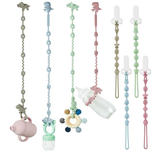PandaEar 8 Pack Baby Toy Straps & Silicone Pacifier Clips, Dinosaur Silicone Pacifier Teether Harness Straps and Pacifier Holder Clips with One Piece Design for Baby Boys & Girls