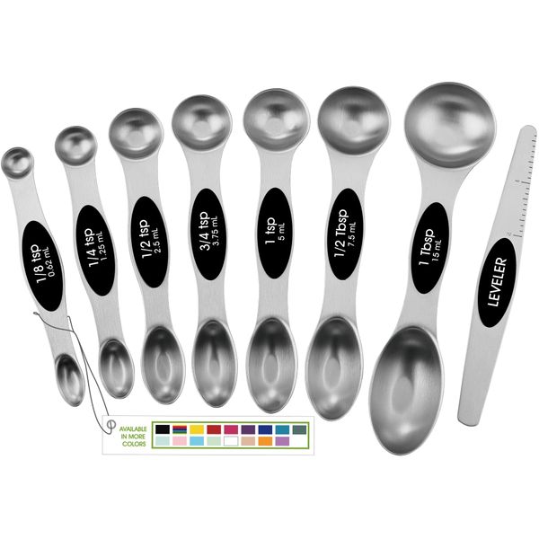 Spring Chef Magnetic Measuring Spoons Set with Strong N45 Magnets, Heavy Duty Stainless Steel Metal, Fits in Most Kitchen Spice Jars for Baking & Cooking, BPA Free, Black, Set of 8 with Leveler