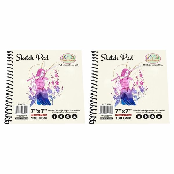 Set of 2 - Artists Sketch Pads Spiral Bound 130 GSM Sketch Book Cartridge Drawing Paper Durable Acid-Free Art Book Hard Back Professionals Drawing Sketching (7" X 7")