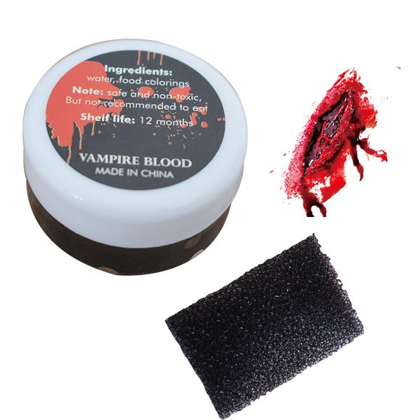 Halloween Coagulated Fake Blood Gel with Black Stipple Sponge Makeup SFX Special Effects for Halloween Festival & Party,Vampire Film Cosplay Makeup,SFX Wound,Cuts,Clown Etc(30g)