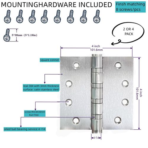 Stainless Steel Door Hinge Ball Bearing NRP, Heavy Duty Inner and Outer Door Hardware for Left and Right Doors, 4" (101mm) x 4" (101mm) Door Hinge, Door Hinge 2 Pack (Silver)