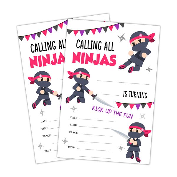 LWBEO 20 Birthday Invitation Cards With Envelopes， Happy Birthday Celebration Invitation for Boys or Girls, Ninja Girls Warrior Party Birthday Party Supplies -A45