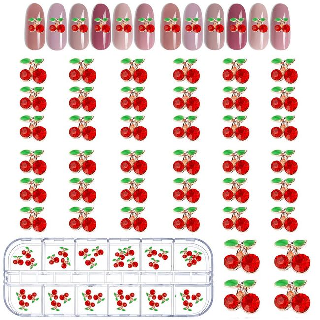 Benuomi 36PCS Nail Charms 3D Cherry Nail Art Charms Rhinestones Cute Shiny Nail Gems Nail Glitter Studs Fruit Nail Slices with Box for Women Girls Nail Decoration Jewelry Making Crafts (8 x 8 mm, Red)