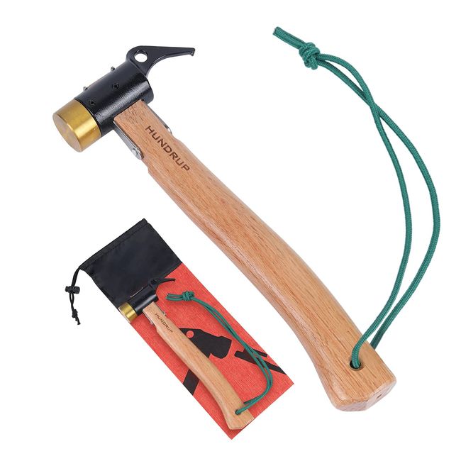 2023 Reinforced Brass Head, HUNDRUP Brass Head, Tent Hammer, Wooden Handle, Fits in the Palm, Safe, Peg Stripping, Storage Bag Included, Outdoor Touring, Camping, Set Up Tools, For Tents, Mountain Climbing